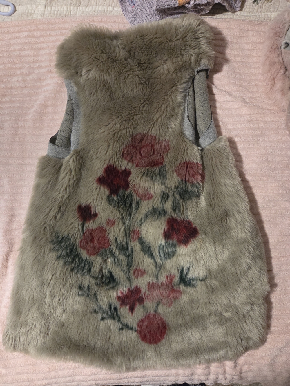 Dylan Taupe Faux Fur Vest with Pink and Red Floral